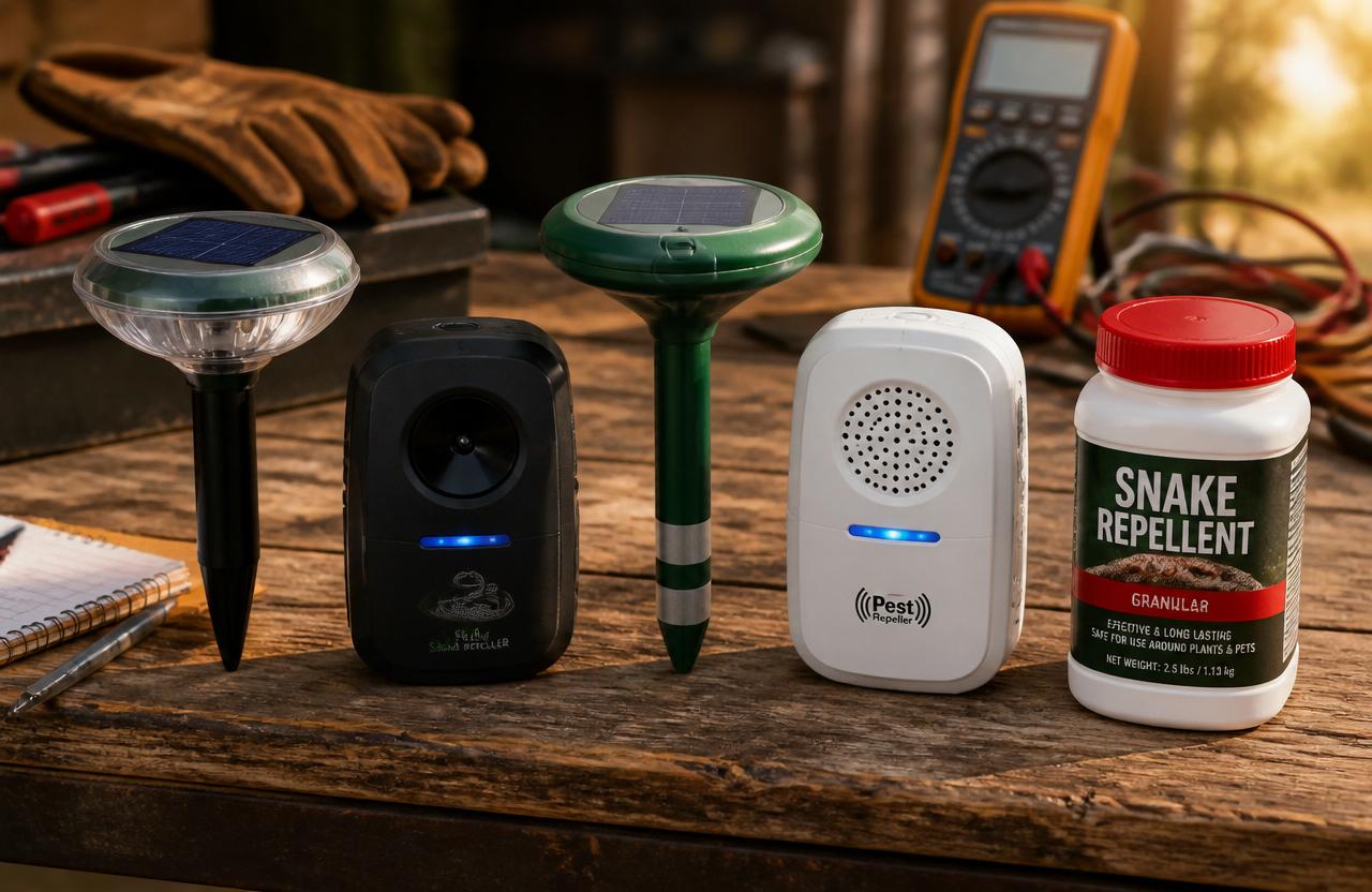 Snake repellent devices arranged on a workbench